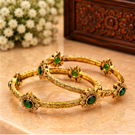 Victorian Finishing Green Stone Flower Designed Bangle - Image 2