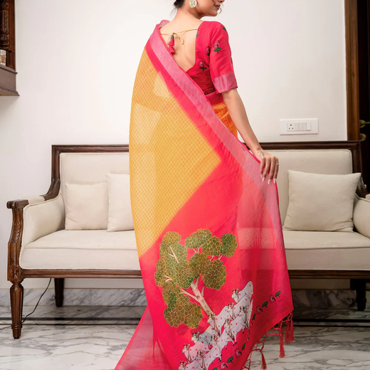 Orange Linen Printed Saree - Image 4