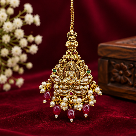 Matte Finishing American Diamonds Lord Lakshmi Red Beads Maang Tikka