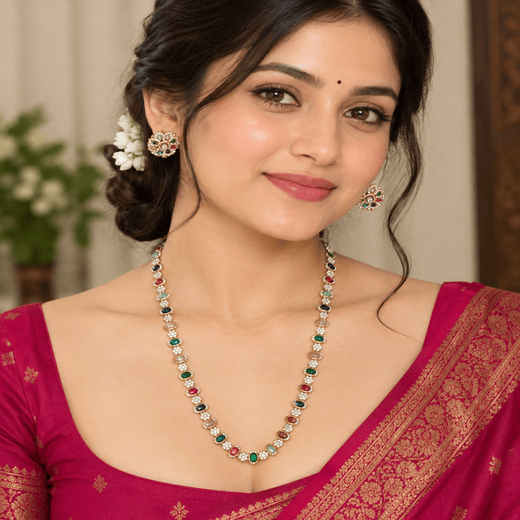 Navaratnam floral design multi-colored Long haram Necklace - Image 3