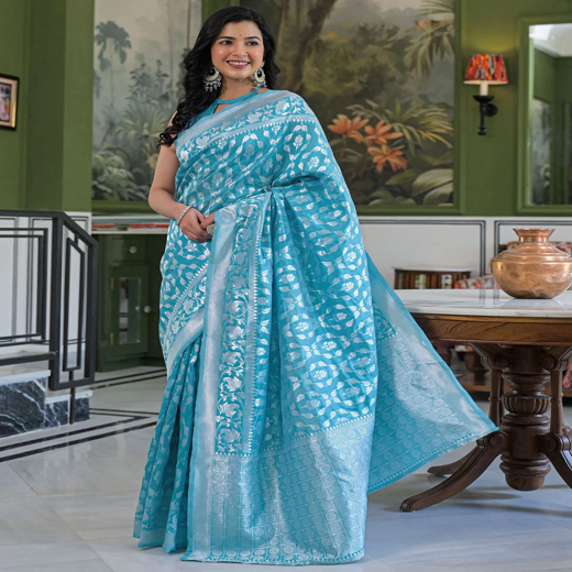 Sky Blue Silk Woven Banarasi Saree
