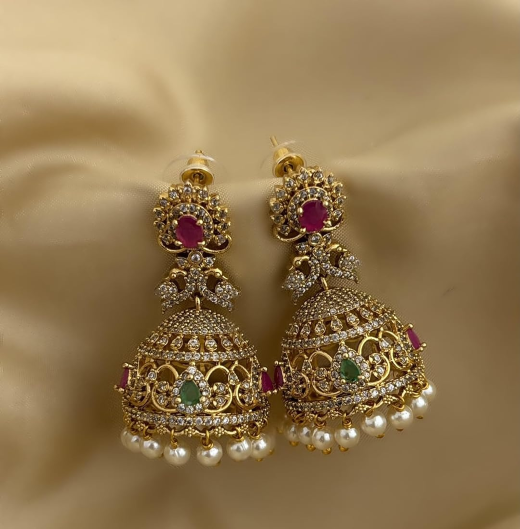 Matte Finishing Floral Design With Ad Stones Pink & Green Stone Jhumka Earring - Image 2