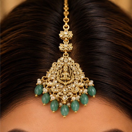 Matte Finishing White Stones With Mint Green Beads Maang Tikka - Image 4