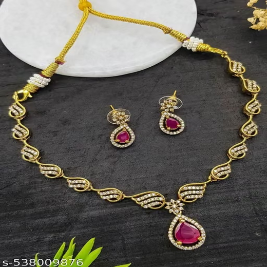 Matte finish Pink cubic zirconia accents Short Necklace - Image 4