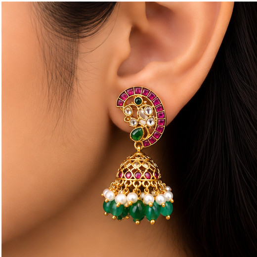 Jadau Kundan with Green Beads Jhumkas Earring - Image 4