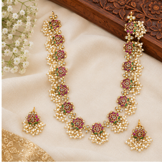 Beautifully designed with Lotus flowers and Guttapusalu clustered pearls Long Haram Necklace - Image 2