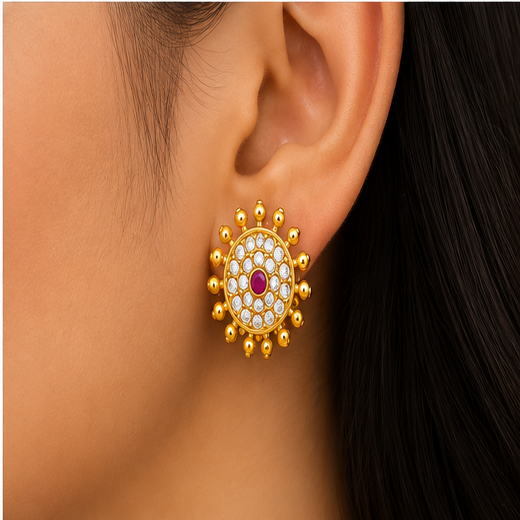 Matte Finish Kempu Stone Sun Design Earrings | Artificial Jewellery - Image 4