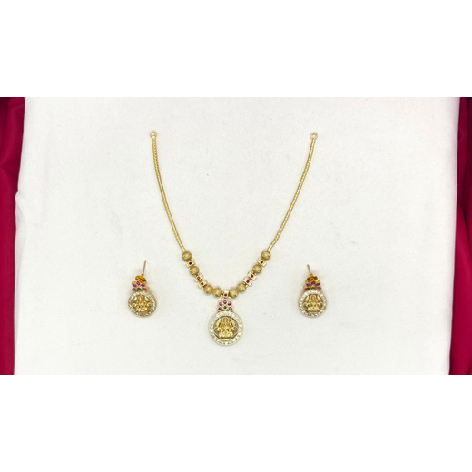 Matte finishing Lakshmi motifs emerald pink stones short Necklace