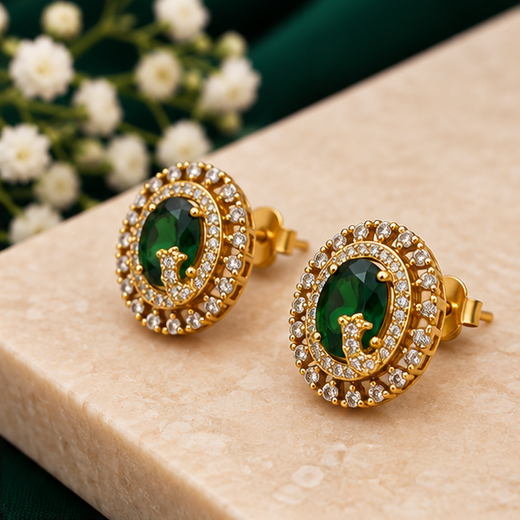 Victorian Finish American Diamonds With Green Stone Stud Earring - Image 2