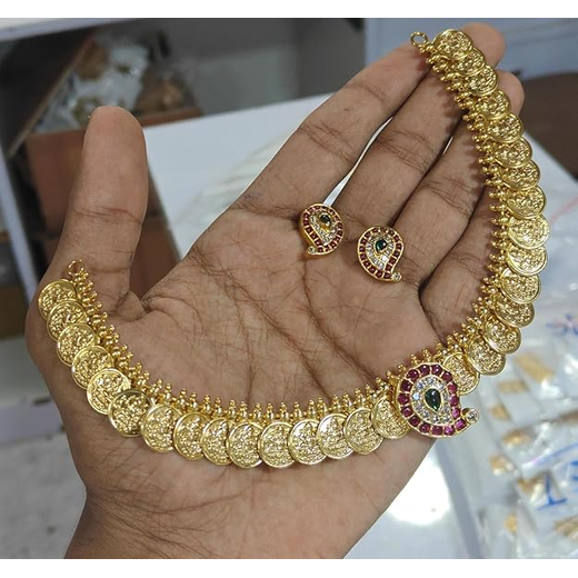 Gold Short Necklace with Lakshmi Devi Pendant | Artificial Jewellery - Image 4