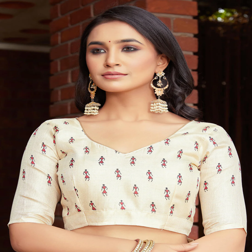 Beige Cotton Blend Warli Printed Saree - Image 2