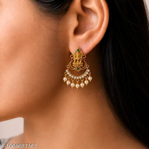 Matte Finishing Lord Lakshmi Beautifully Added White Pearls Earring - Image 3