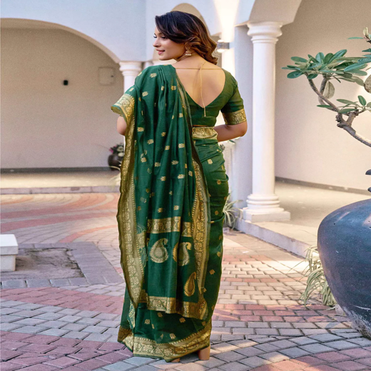 Dark Green Chanderi Woven Saree - Image 4