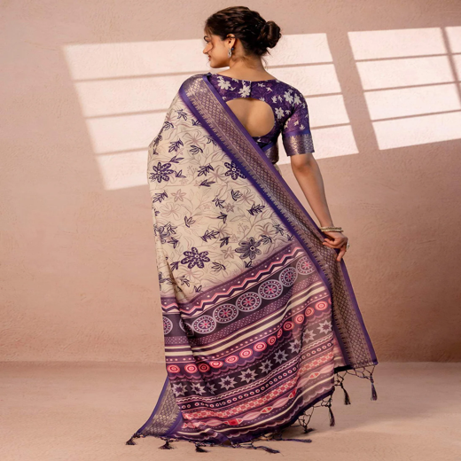 Dark Beige Silk Printed Woven Border Saree - Image 4