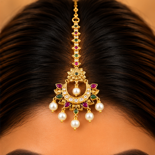 Matte Finishing With Red & Green Stones Maang-Tikka - Image 4