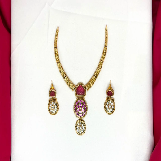 Gold-plated Red kempu Stone Short Kanti