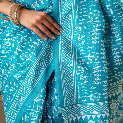 Teal Blue Khadi Printed Saree - Image 3