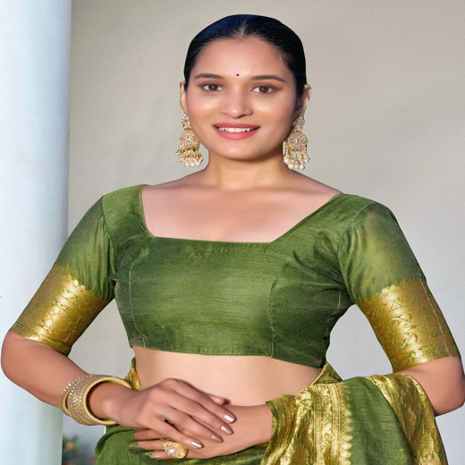 Olive Green Chanderi Woven Saree - Image 2