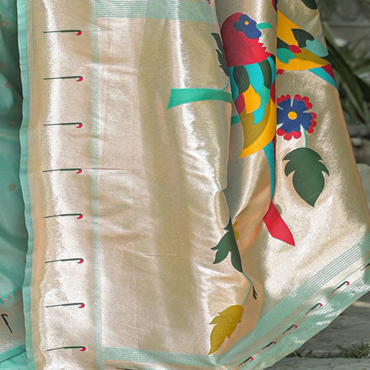 Mint Green Silk Woven Paithani Saree - Image 3