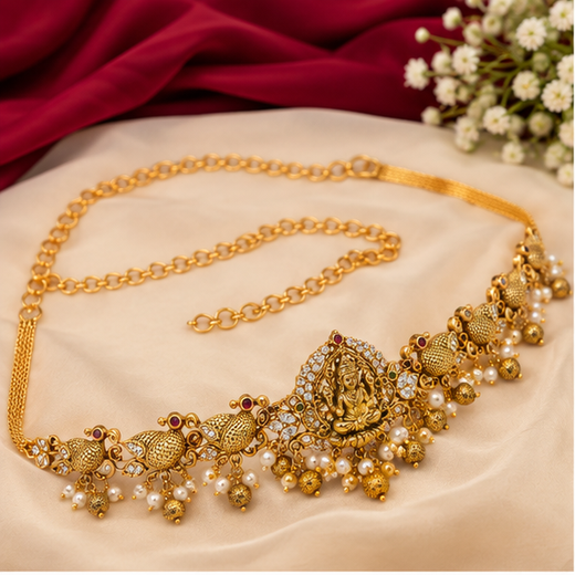 Matte Finishing Lord Lakshmi AD Stones With Peacock Design Chain Vaddanam