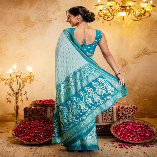 Light Mint Blue Crepe Silk Foil Printed Saree - Image 4