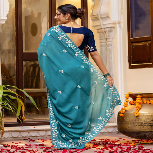 Dusty Teal Blue Shimmer Embroidery Saree - Image 4