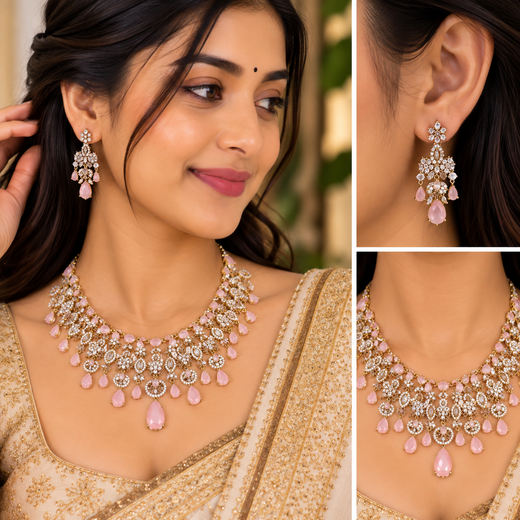 Premium matte finish American Diamonds flower design with Baby-Pink Stones Short Necklace - Image 4