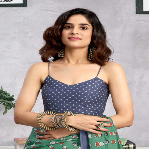 Ready To Wear Teal Green Cotton Printed Saree - Image 3