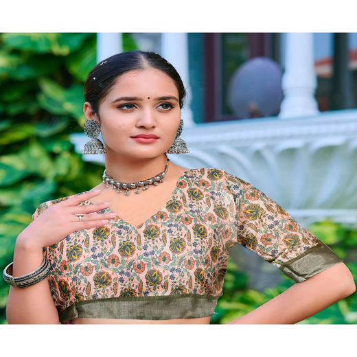 Cream Cotton Linen Printed Saree - Image 2
