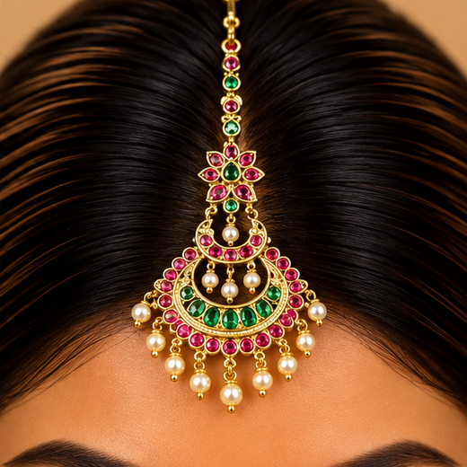 Jadau Kundan Finishing Floral design With Pearls Maang Tikka - Image 4