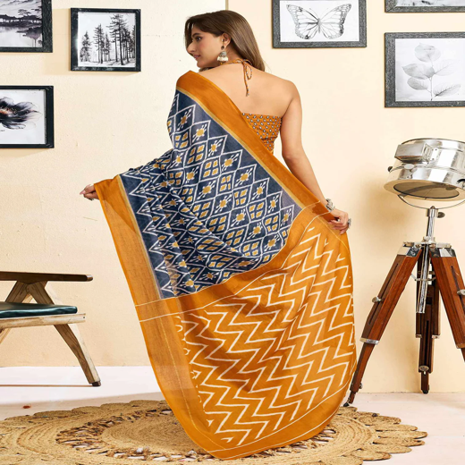 Ready To Wear Blue Cotton Printed Saree - Image 4