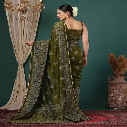 Mehandi Green Silk Printed Saree - Image 4