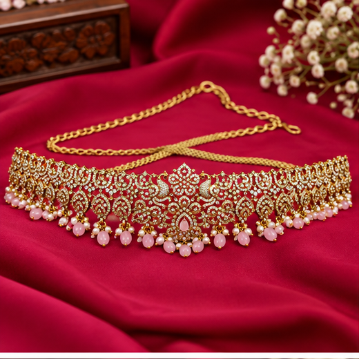 Victorian Finishing With Pink Stones And Peacock Deigned Vaddanam