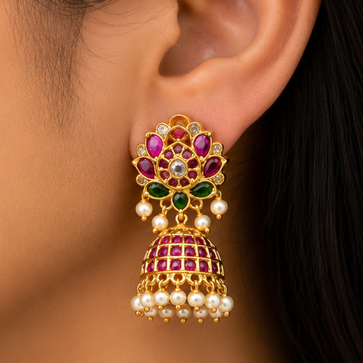 Matte Finishing Floral Design With White Pearls Jhumkas Earring - Image 4