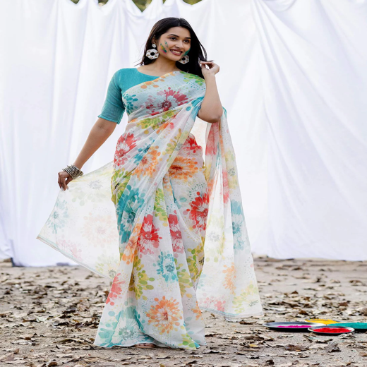 White Linen Printed Saree