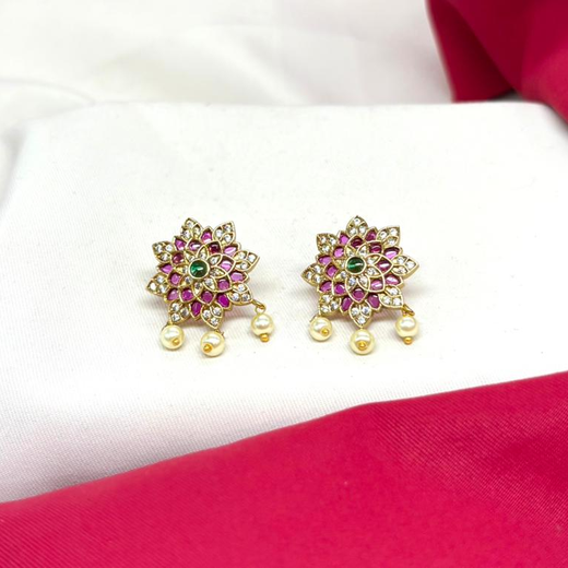 Gold-tone pink-Green jadau kundan lotus earring - Image 3