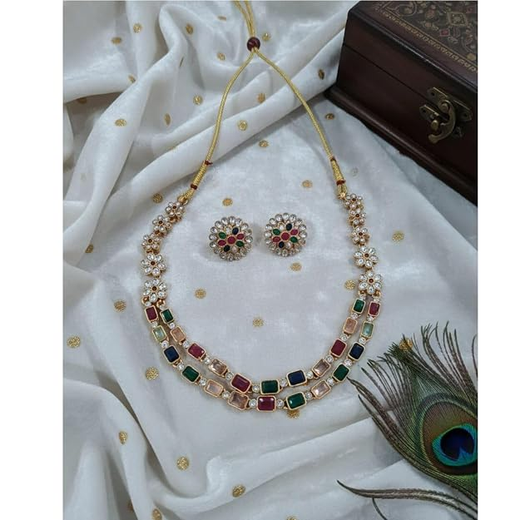Gold Navratna two layer Short Necklace - Image 3