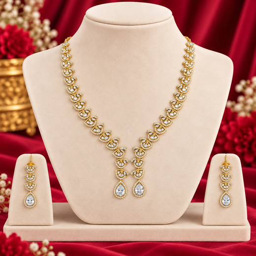 Emerald polki White with American Diamond Drop Short Necklace - Image 4