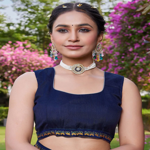 Navy Blue Chiffon Floral Printed Saree - Image 2