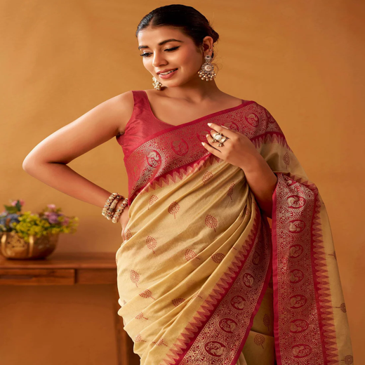 Cream Silk Woven Kanjivaram Saree - Image 2