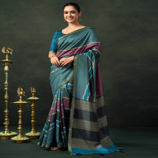 Dusty Teal Blue Silk Printed Saree