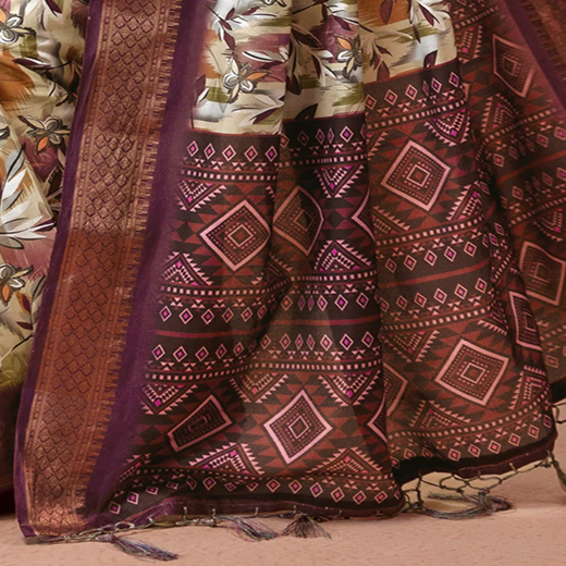 Dusty Beige Silk Printed Woven Border Saree - Image 3