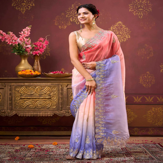 Coral Pink Tissue Silk Sequence Embroidery Saree