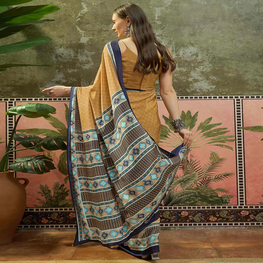 Mustard Crepe Silk Printed Saree - Image 4