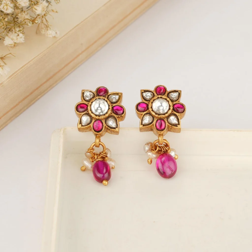 Jadau Kundan with white pearls and Purple drop Earring