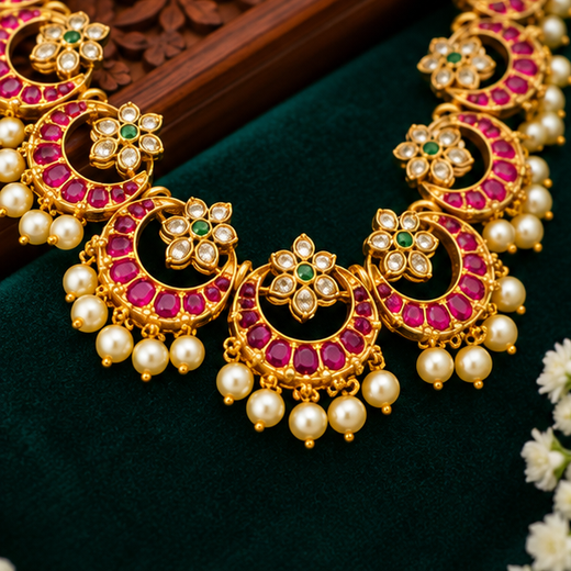 Gold Plated Long Classic Chandbali Necklace Set - Image 3