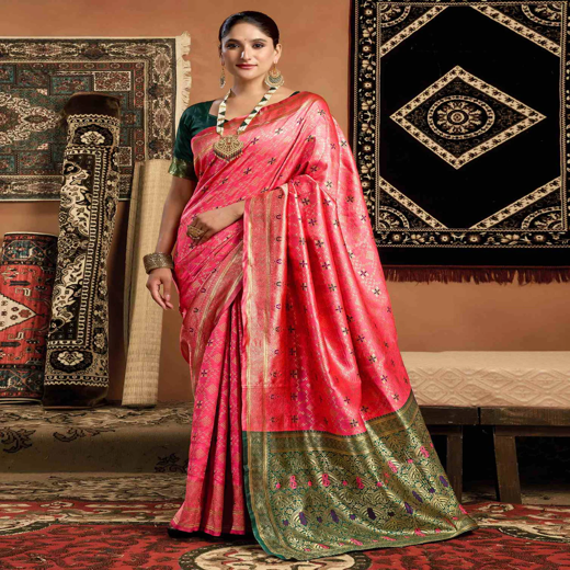 Coral Pink Banarasi Silk Saree