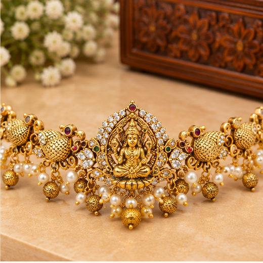 Matte Finishing Lord Lakshmi AD Stones With Peacock Design Chain Vaddanam - Image 2
