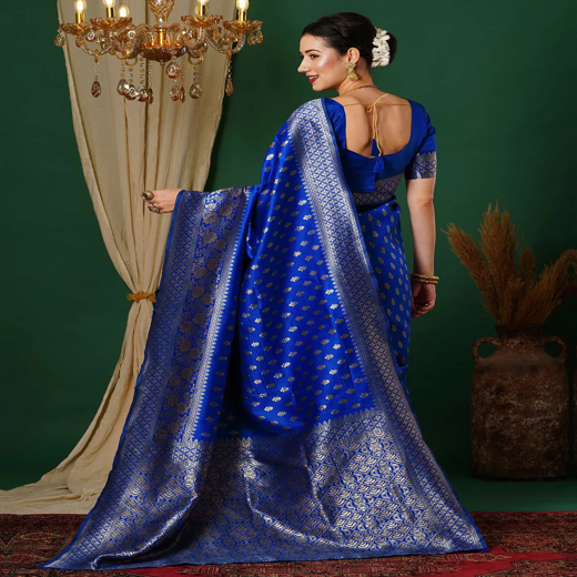 Blue Silk Woven Banarasi Saree - Image 4