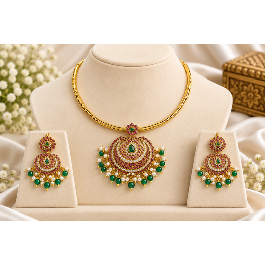 Matte finishing floral design uncut diamonds green beads Kanti Necklace